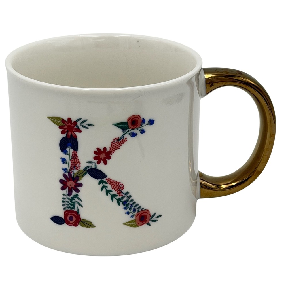 Opalhouse Floral Monogram Letter Initial‎ K Coffee Mug White Gold Handle Cup LG
